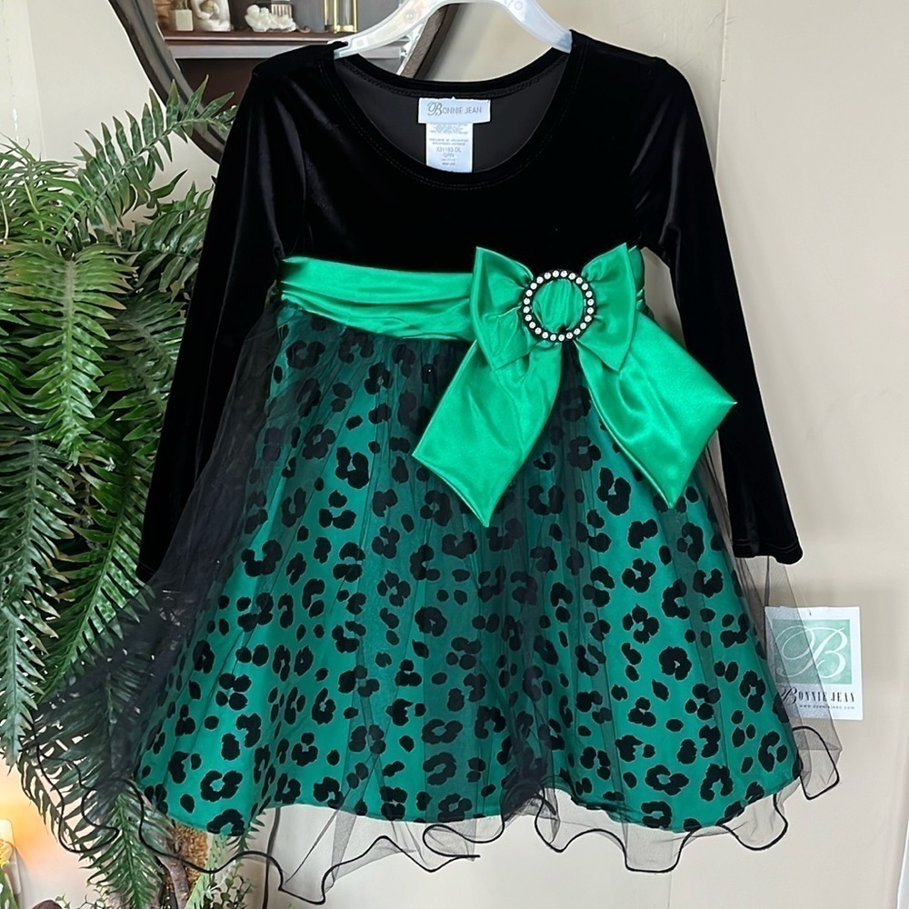 Brand New Bonnie Jean Black Velvet & Green Leopard Print Bow Formal Dress